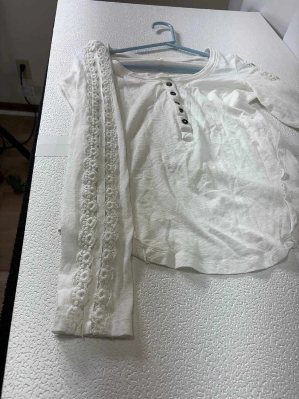 Free People Cream Lace-Trim Henley Long Sleeve Top 2968